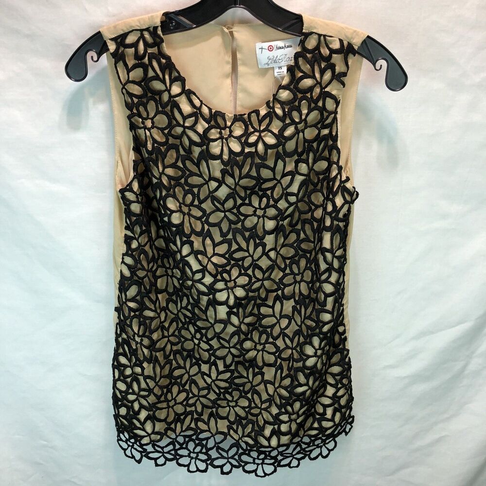 Neiman Marcus LELA ROSE Target Guipure Lace Top Black Taupe Sleeveless XS LLL10